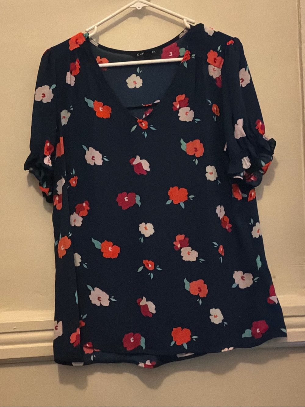 41 Hawthorn Navy Floral V-Neck Blouse with Red & Pink Blooms